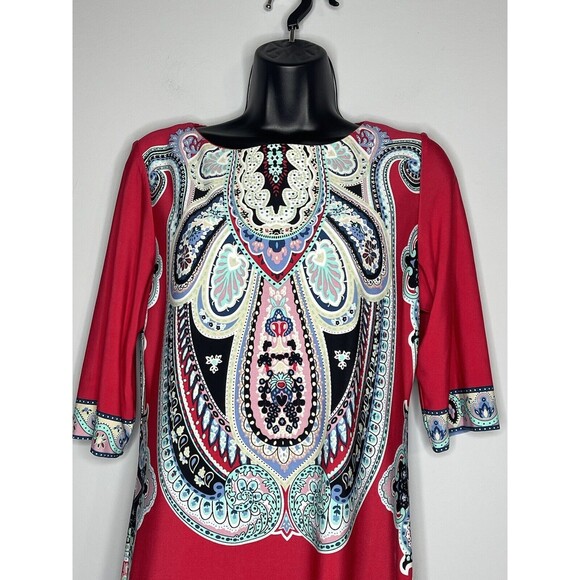 Sandra Darren Women's Red Multicolor Paisley 3/4 Sleeve Shift Dress Size 6 - Picture 2 of 10
